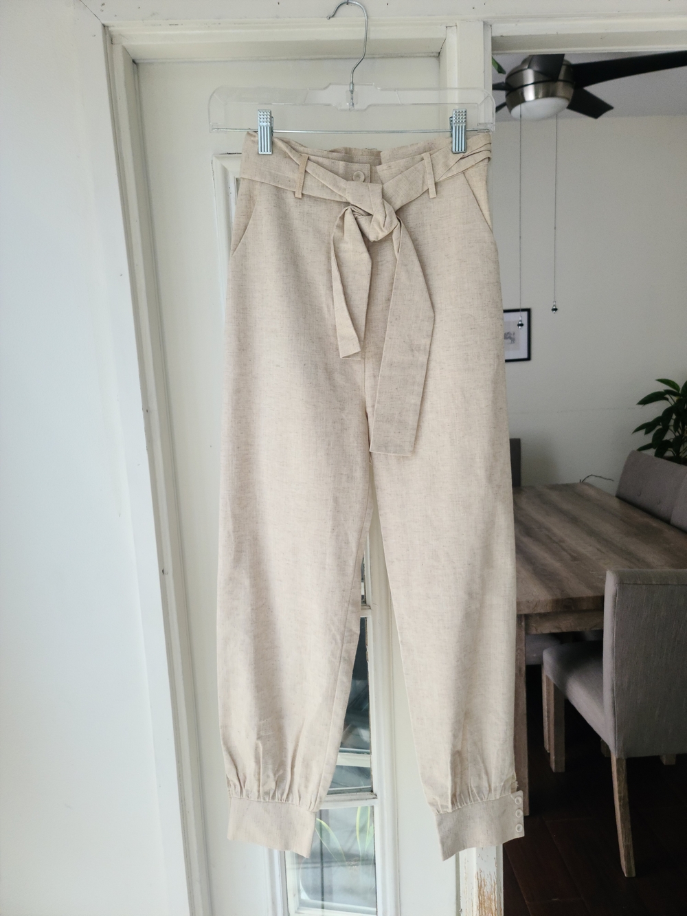 Sadie & Sage Linen-Blend Tie Waist Paperbag Joggers in Beige